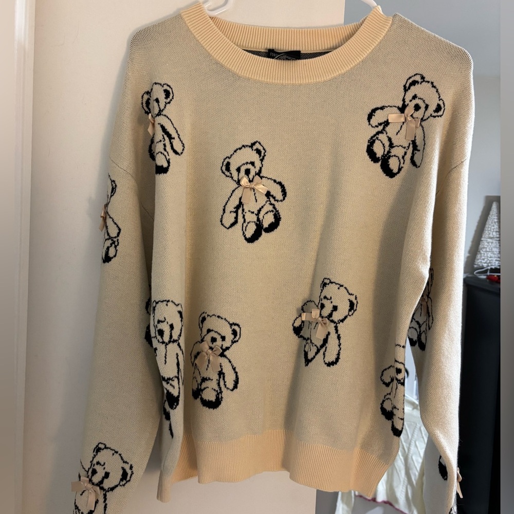 Teddy Bear Patterned Cream Sweater